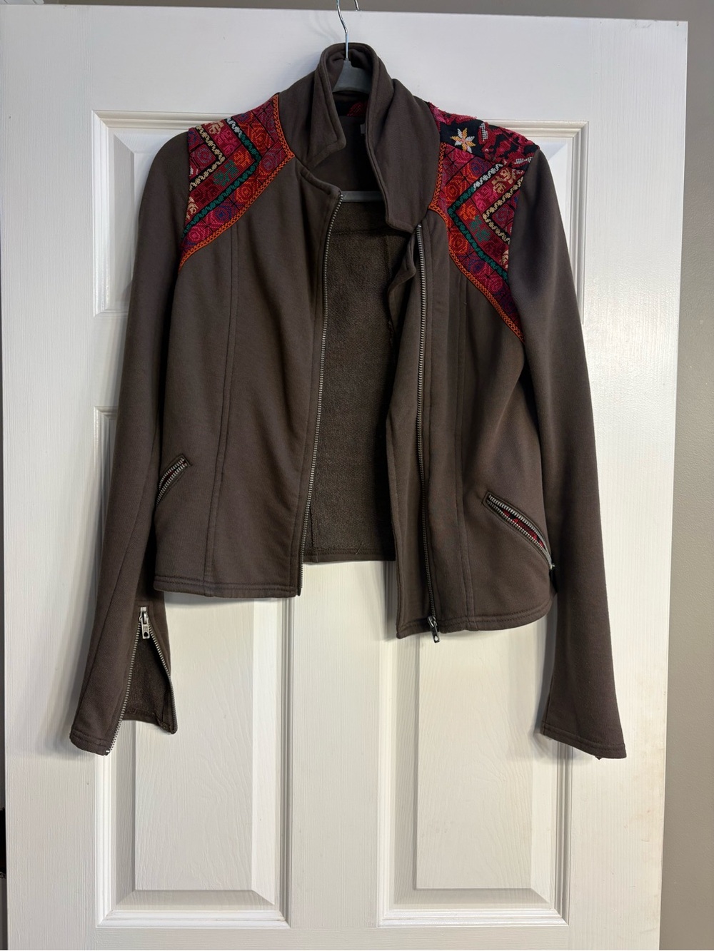 Free People Brown Jacket with Embroidered Red Accent Shoulders